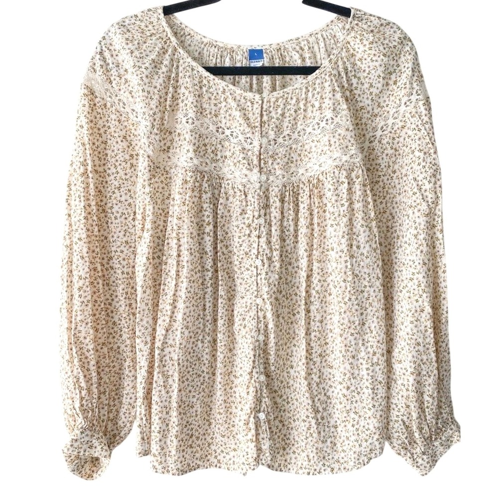Old‎ Navy Womens Blouse L Floral Button Up Peasant Cottagecore Lace Dainty